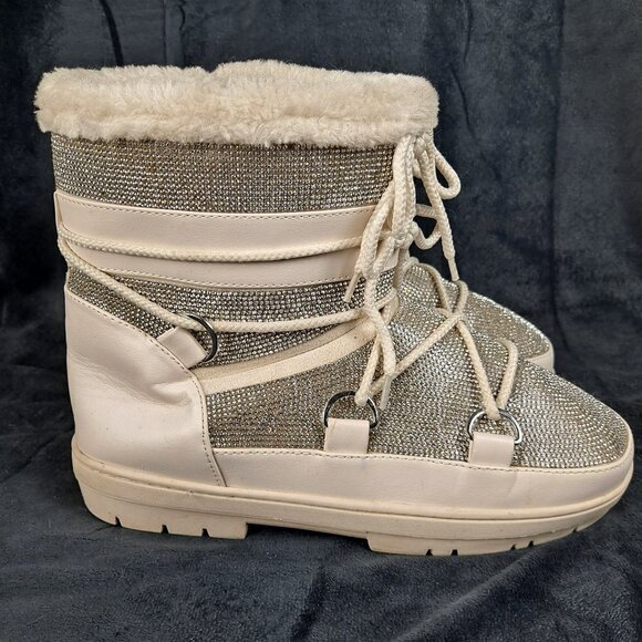 Crystal Encrusted Cream Color Boots Size 8.5 Sherpa Lined Decorative Lacing - Picture 1 of 16